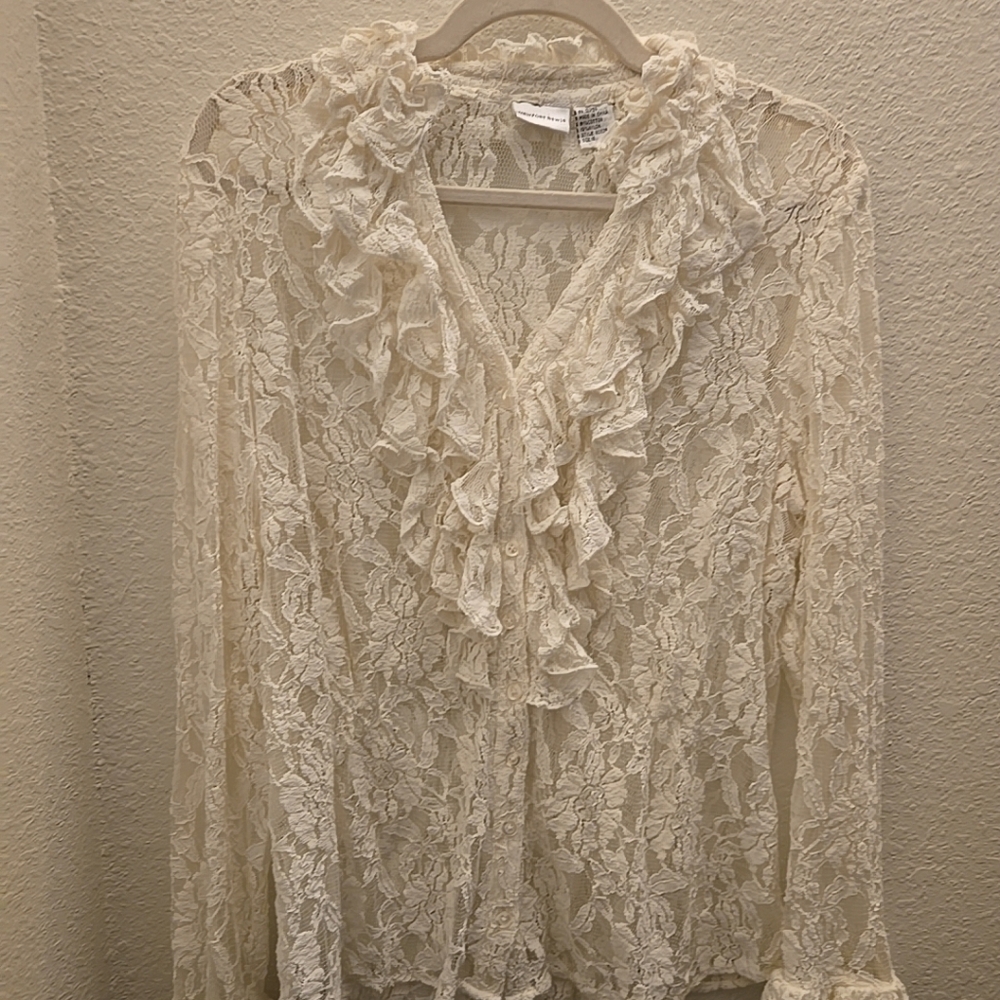 Newport News Size 16 White Lace Ruffle Blouse